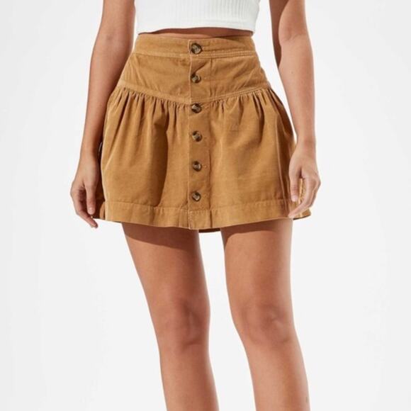 NEW $49 American Eagle Corduroy Hi-Rise Ruffle Mini Skirt brown tan size 00 24w - Picture 1 of 6